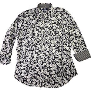 Chaps Shirt Womens Large Navy Blue White Floral Print No Iron Cotton Button Down